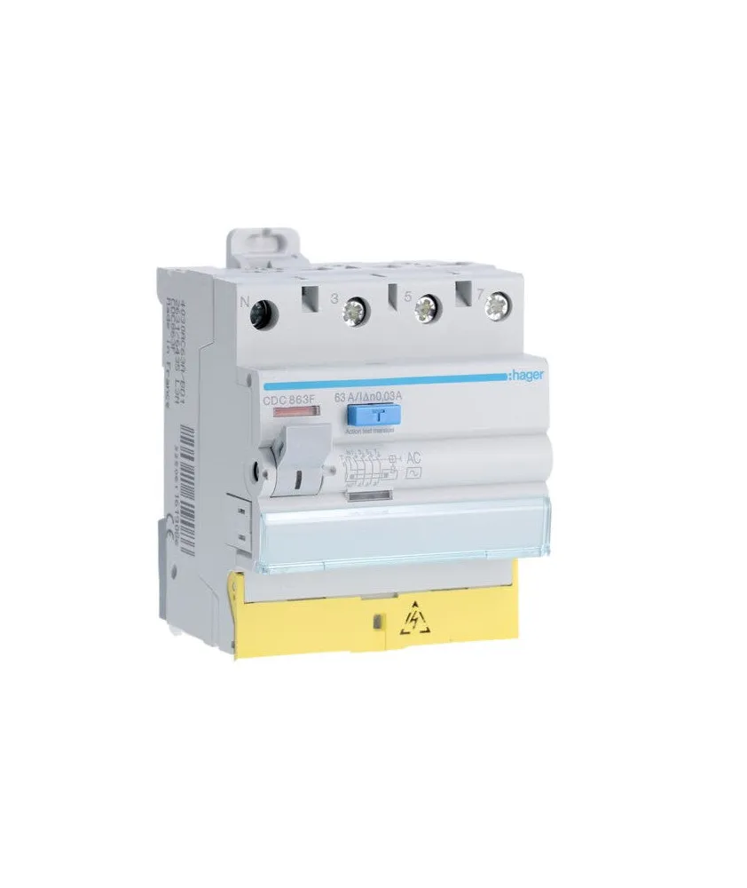 CDC863F Hager Interrupteur différentiel triphasé + neutre 63A 30mA type AC à bornes décalées