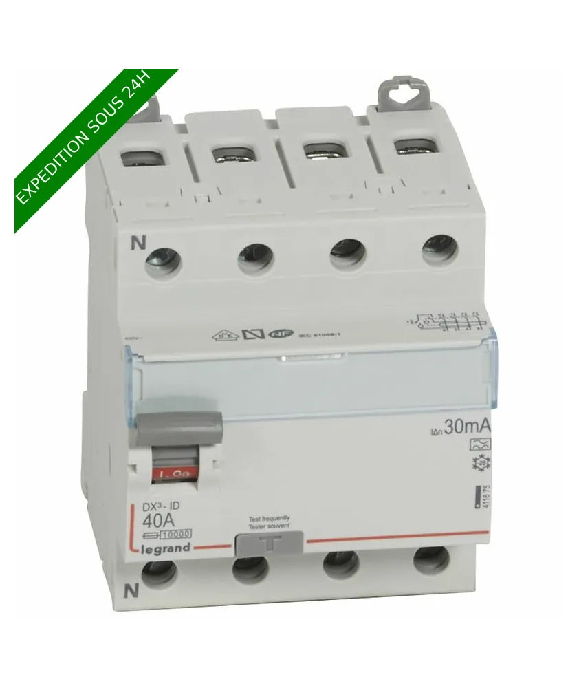 Interrupteur différentiel DX³-ID arrivée haute et départ bas à vis - 4P 400V~ 40A typeA 30mA - 4 modules réf : 411675