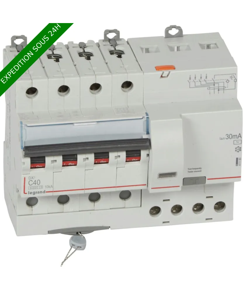 Legrand - Disjoncteur diff DX³ 6000 - vis/vis - 4P 400V~ - 40A - type AC 30mA - courbe C - 7 mod - Réf : 411190