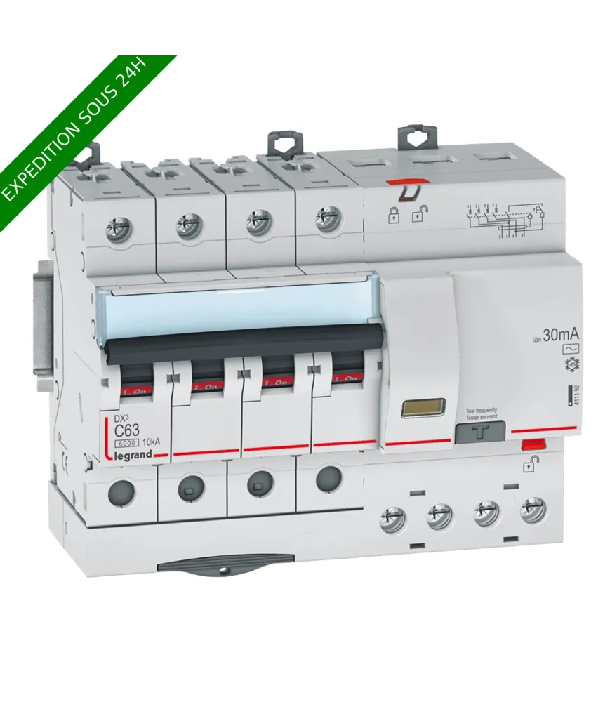 Legrand - Disjoncteur diff DX³ 6000 - vis/vis - 4P 400V~ - 63A - type AC 30mA - courbe C - 7 mod - Réf : 411192