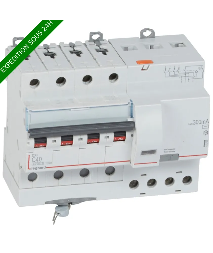 Legrand - Disjoncteur diff DX³ 6000 - vis/vis - 4P- 400V~ - 40A - typeAC 300mA - courbe C - 7 mod - Réf : 411209